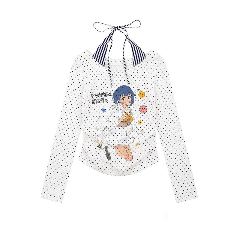 Japanese Y2k Anime Print T-shirt 2000s Cutecore Off Shoulder Tops Vintage Harajuku Long Sleeve Fake Two-piece Top Kawaii