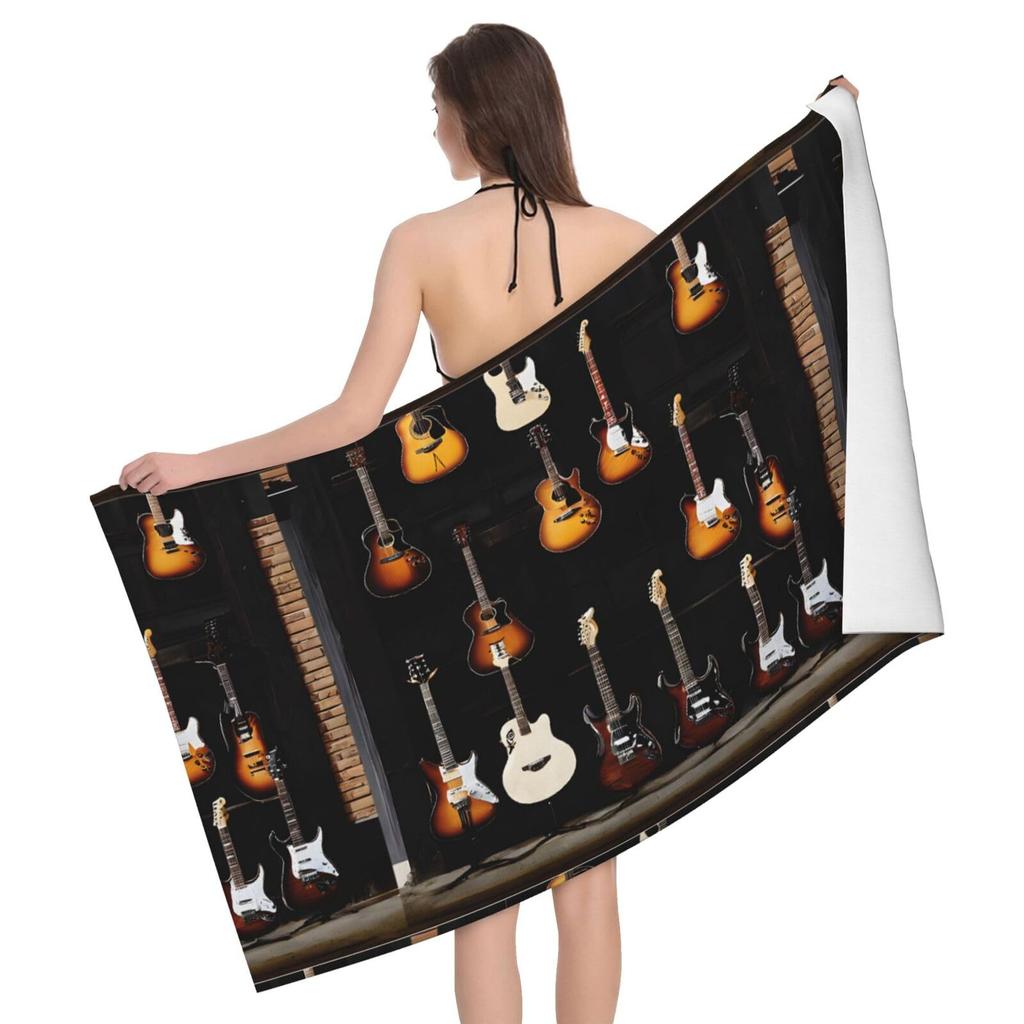 Vintage Guitar Pattern Print Sand Free Beach Towel Quick Dry Absorbent Music Theme Bath Towel for Pool Swimming Bathroom Beach