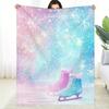 Winter Snowflake Print Flannel Throw Blanket - Soft Lightweight Polyester, Pastel Pink & Blue with Glowing Snowflakes