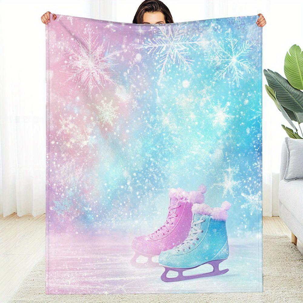 Winter Snowflake Print Flannel Throw Blanket - Soft Lightweight Polyester, Pastel Pink & Blue with Glowing Snowflakes 130x150cm51x59in