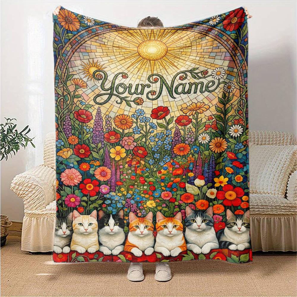 Name Custom Cute Cat Print Flannel Blanket High Quality Warm Comfortable Cover for All Seasons Perfect for Gifts Home Decor