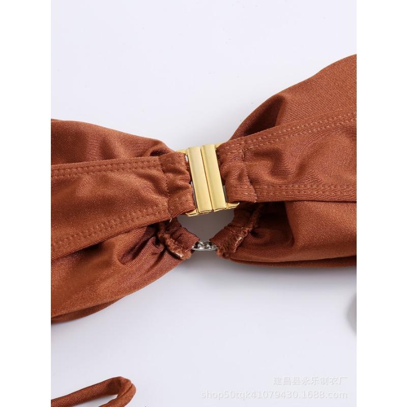 Rust Shiny Bandeau Bikini Set Metal Ring Side Tie Two Piece Swimsuit