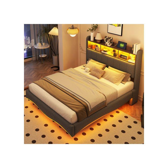 Pat de perete - MUVOE - 140x200 - Țesătură in gri - Depozitare cu iluminare LED - Porturi USB și Type-C