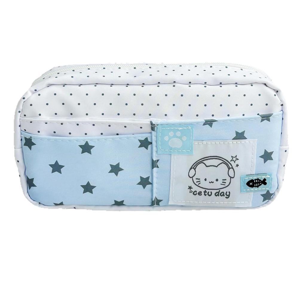 Ins Star Cat Flip-top Multi-layer Polka Dot Pencil Case - Large Capacity Stationery Bag