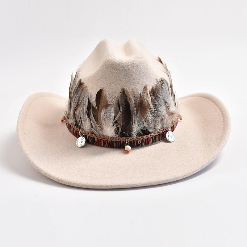 New Vintage Feather Decoration Western Cowboy Hats for Men Women Fashion Wide Brim Church Jazz Hat Sombrero Hombre Caps