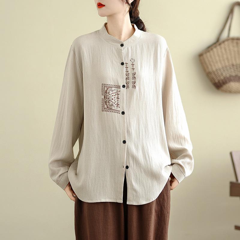 Cotton and Linen Large Size Retro Chinese Embroidered Long-sleeved Shirt Shirt Spring and Autumn Loose All-match Linen Blouse Women