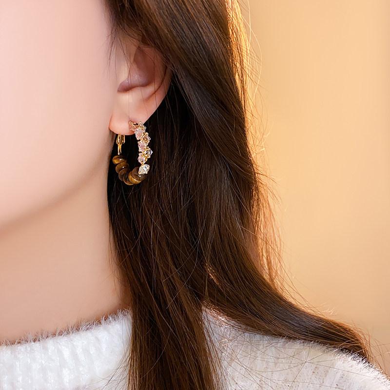 Autumn and Winter Retro Tiger's Eye Stone Round Zircon Earrings, Earrings, Temperament Versatile Earrings.
