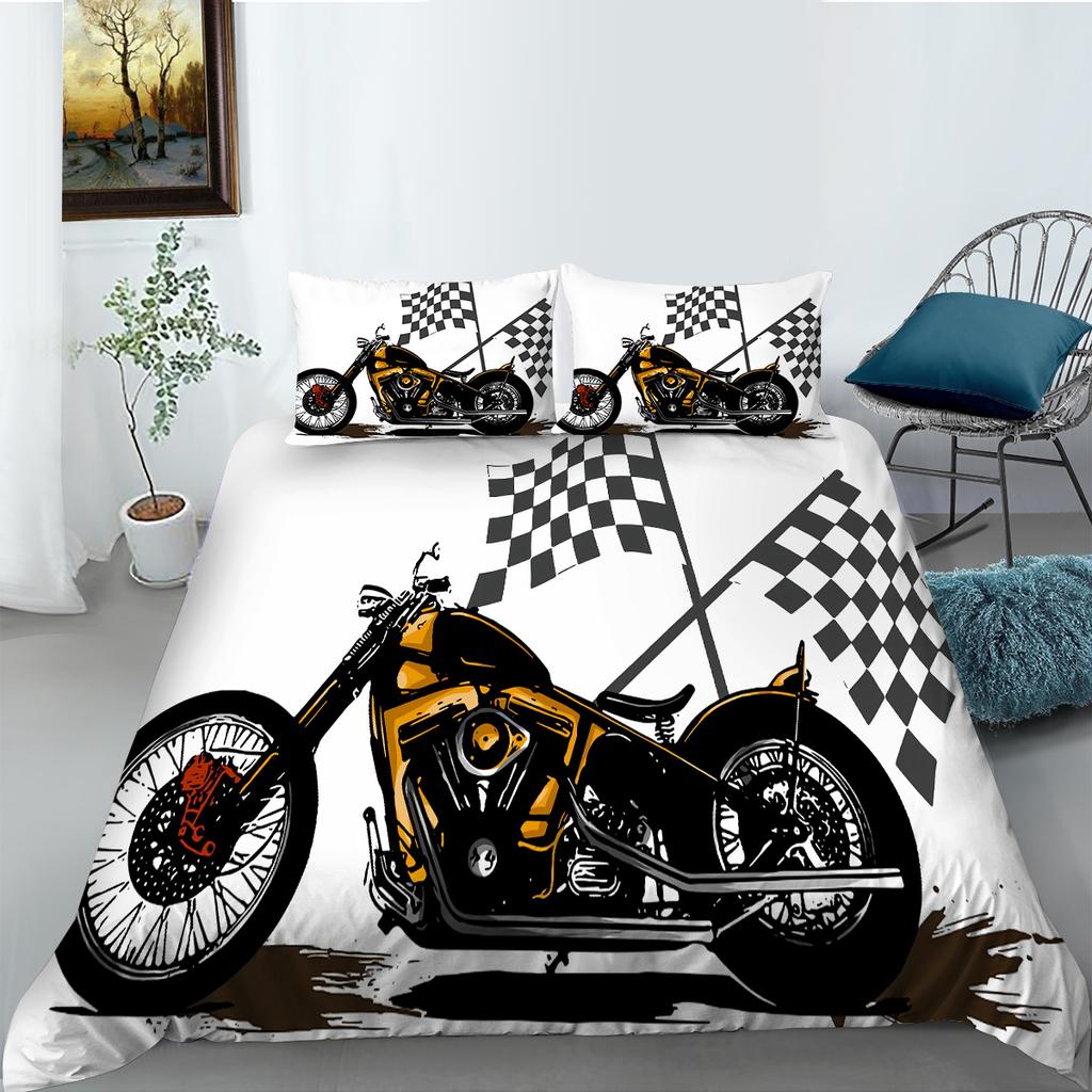 3D-Motorrad-bedrucktes Bettwäsche-Set im Industrie-Stil, Bettbezug, Kissenbezug-Set, Einzel-/Doppelbett, für Jungen und Jugendliche, cooler Bezug