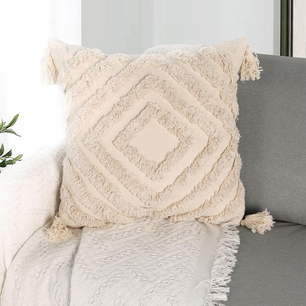 Tufted Cotton Fabric Pillowcase Simple Nordic Style Geometric Tassel Decoration Cushion Case Invisible Zipper Soft Throw Pillow Cover