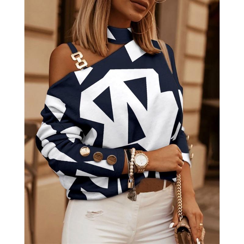 

ИГУАСУ Осень Зима Длинный Рукав Цепочка Халтер Принт Декорированный Пуговицами Топ Женский XXL