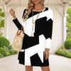 Women Plus Size Round Neck Long Sleeve White Floral Printed A Line Dress