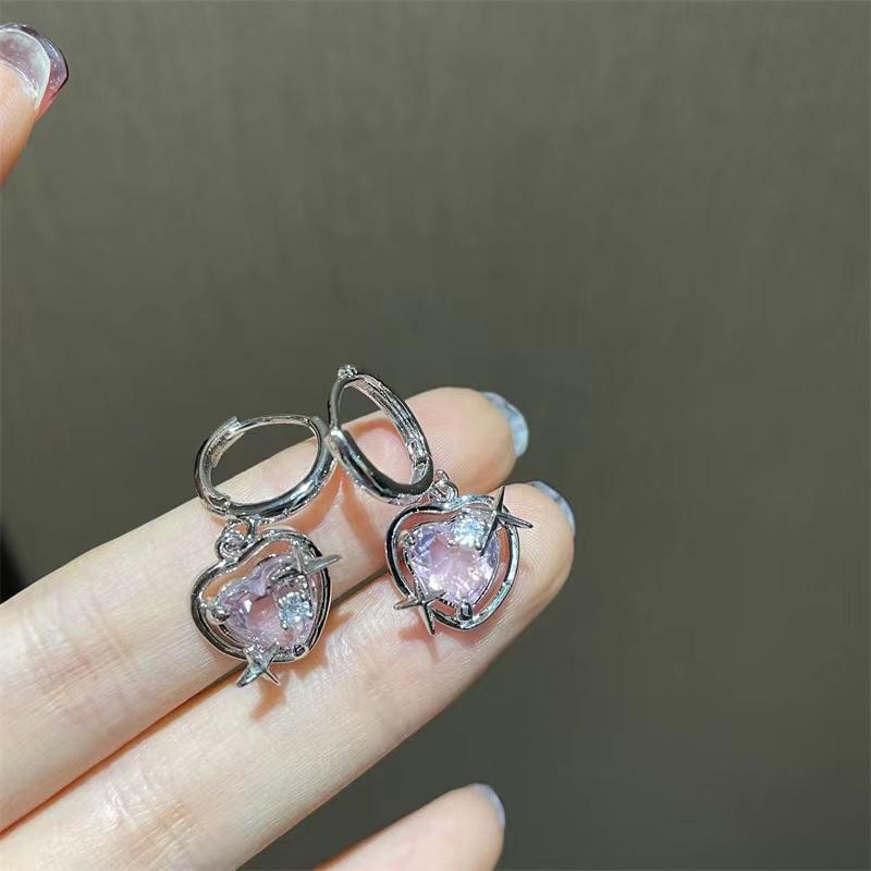Korea Pink Crystal Peach Love Heart Dangle Earrings Sweet Cool Y2k Accessories Hoop Earring for Women Girls Fashion Jewelry