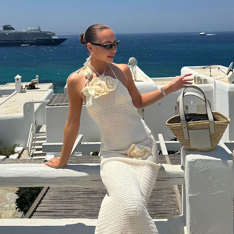 

European and American New Women Solid Knitted Floating Flower Beach Bikinis Swimsuit Cover up Sun-Proof Set White L