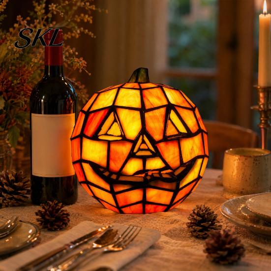 Decorative Pumpkin Lamp Stained Glass Lamp, Halloween Bedside Table Orange Night Light Accent for Indoor, Home, Holiday Party Decor