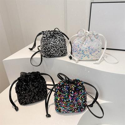 Korean Small Sequin Bucket Bag Trendy Soft Tie-mouth Shoulder Bag Casual Niche Fashion Personality Crossbody Bag Trendy