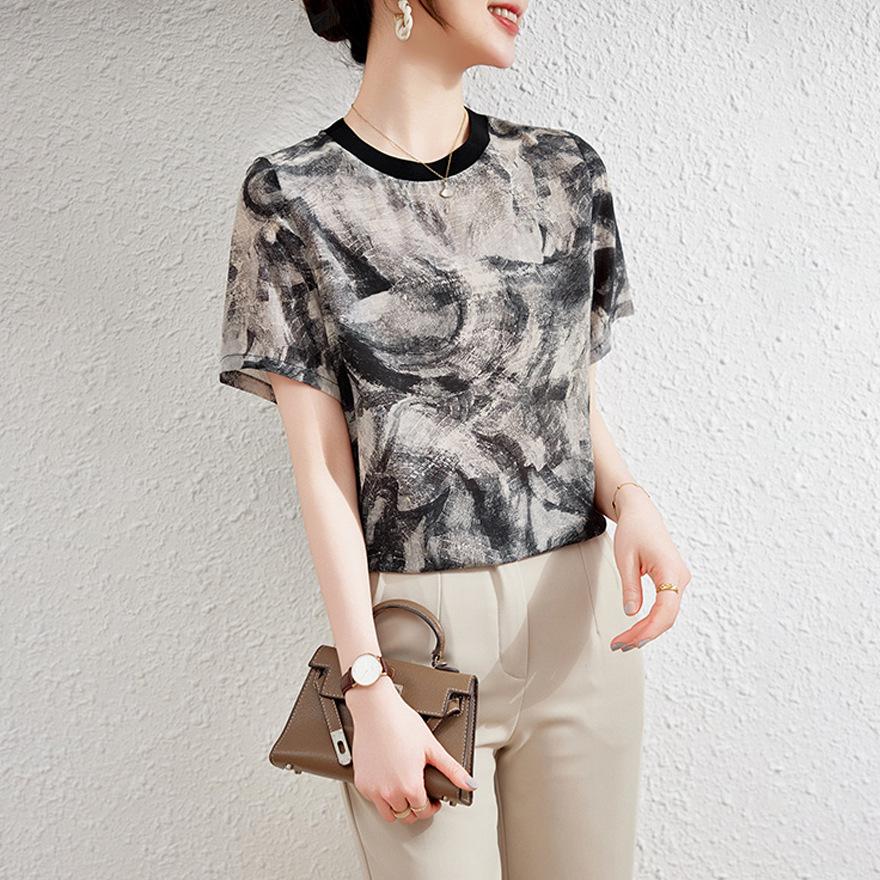 Ink Painting Silk Short-sleeved Women's Summer New Round Neck Mulberry Silk Temperament Top T-shirt
