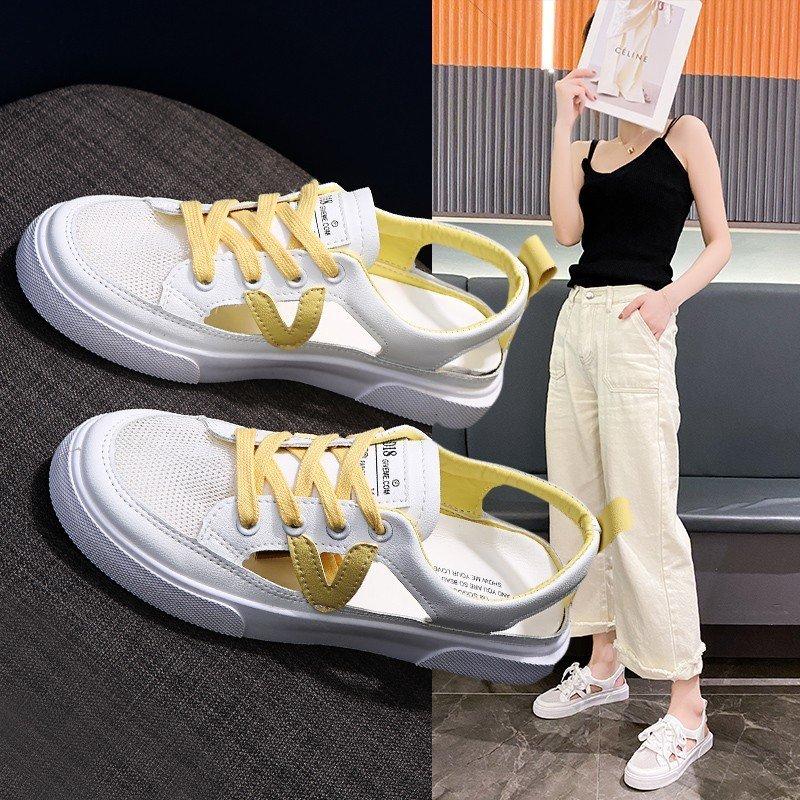 New Women's White Casual Shoes Fish-mouth Sandals Metal Decorative Transparent Breathable Mesh Shoes Large Zapatos Para Mujer