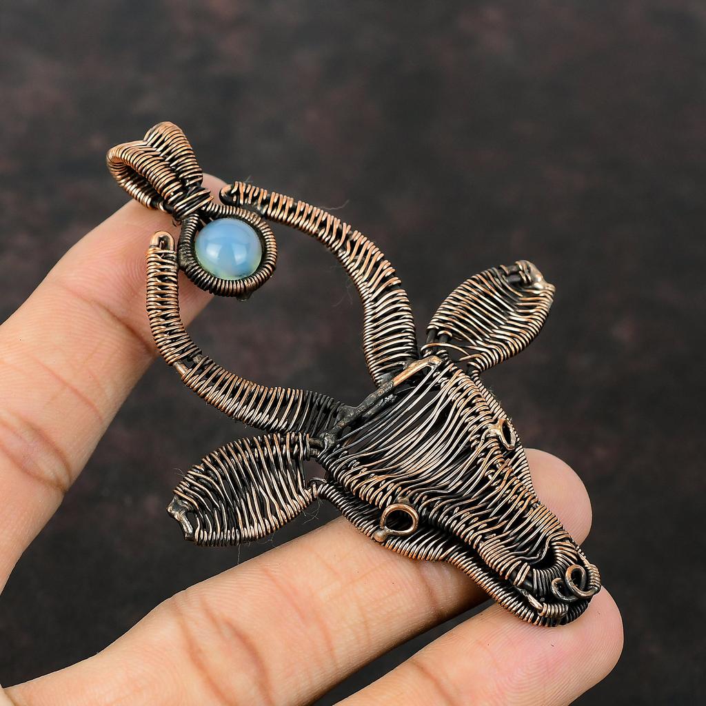 Aquamarine Pendant Copper Wire Wrapped Pendant Handmade Copper Jewelry Gift For Him Genuine Gemstone Pendant Bull Face Jewelry Boho Pendant