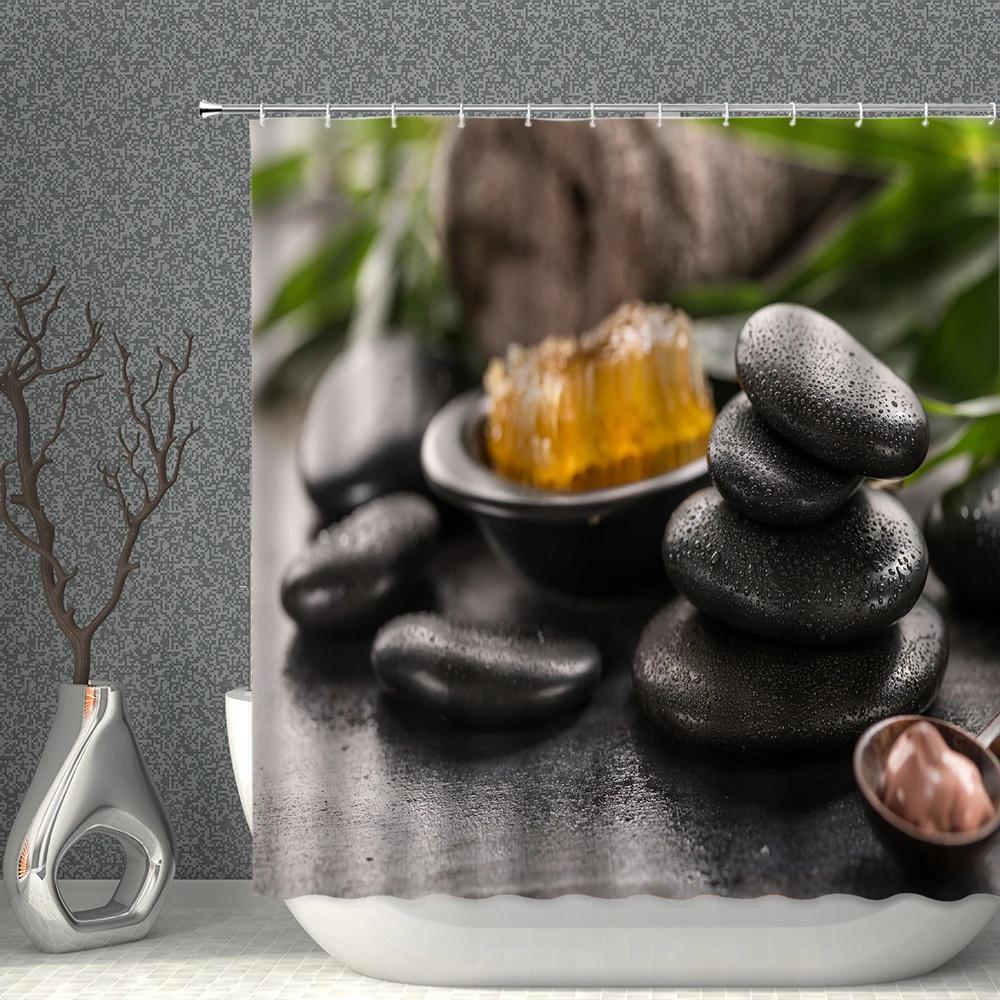 Zen Stone Shower Curtains Green Plant Bamboo Flower Candle Bath Decor Printed Polyester Fabric Home Decoration Bathroom Curtain