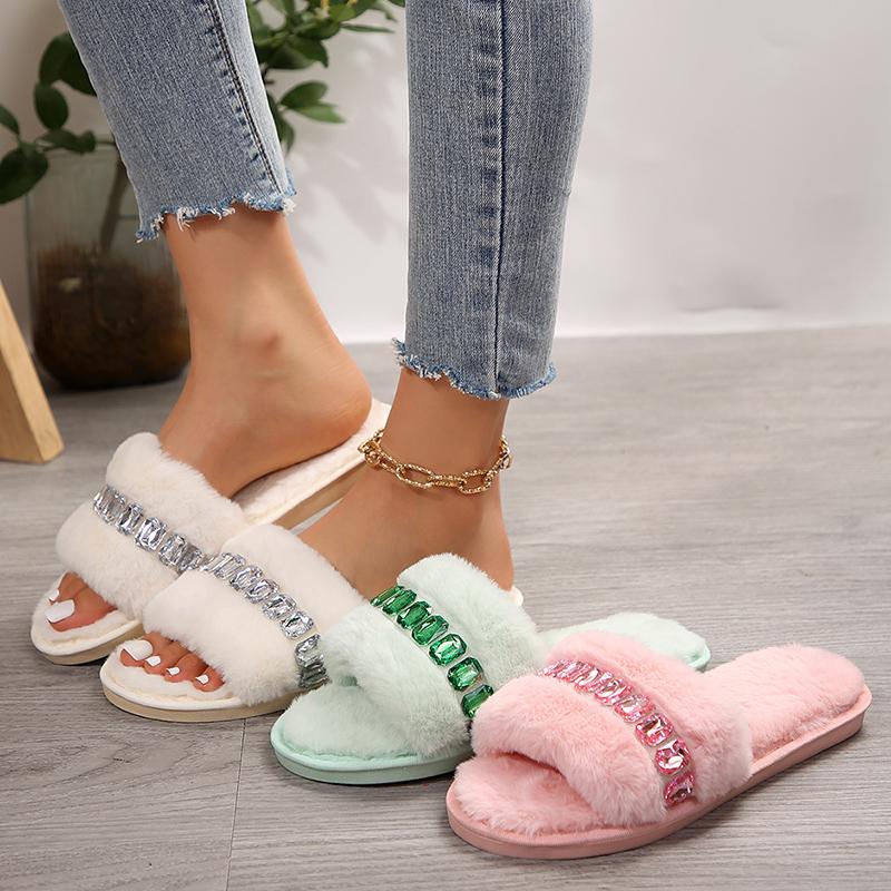Fashion Rhinestone Fluffy House Slippers for Women 2025 Winter Warm Faux Fur Flat Slides Woman Open Toe One Strap Plush Slippers