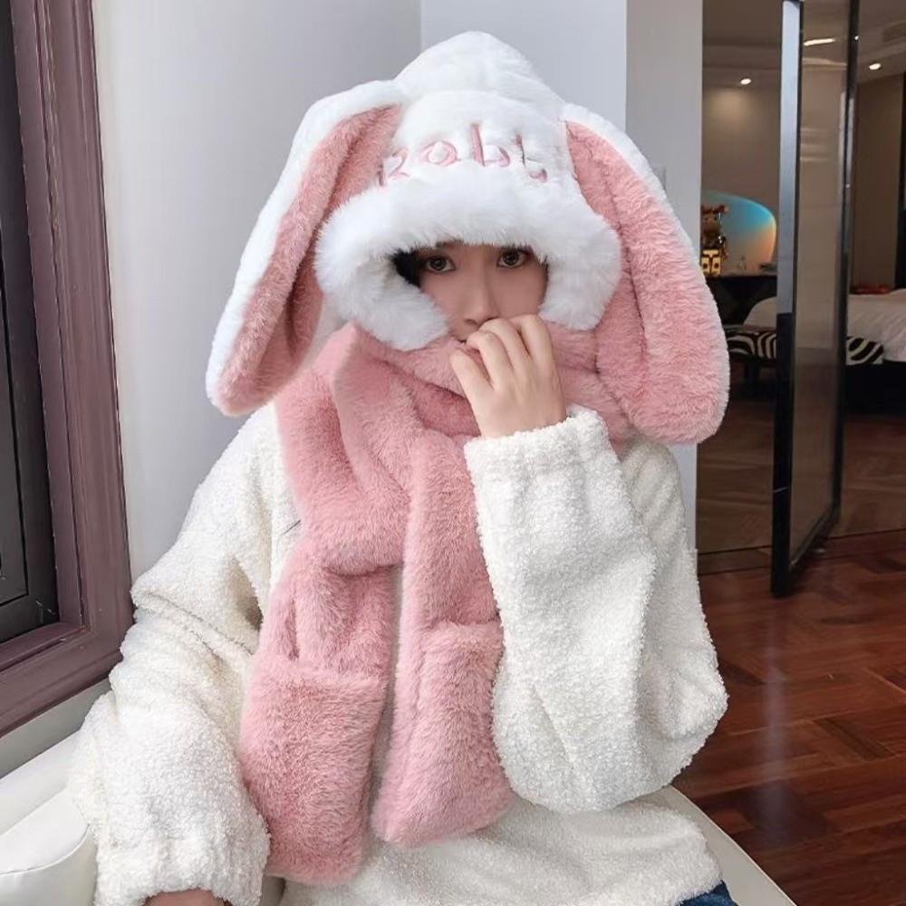 Thicken Plush Scarf Hat Gloves Set Keep Warm Plush Scarf Cute Hooded Scarf  Women Girls
