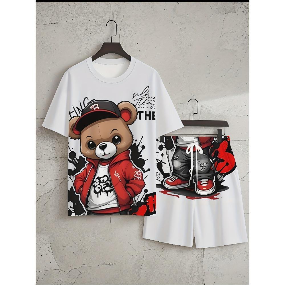 Men's Summer Fashion Teddy Bear Print Soft and Breathable Round Neck T-shirt Shorts Set Outdoor Casual Wear