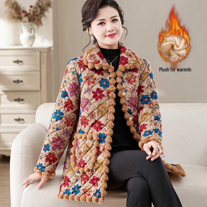2025 Winter Stylish Floral Velvet-Lined Mid-Length Cotton Coat for Women - Elegant and Warm Autumn/Winter Outerwear