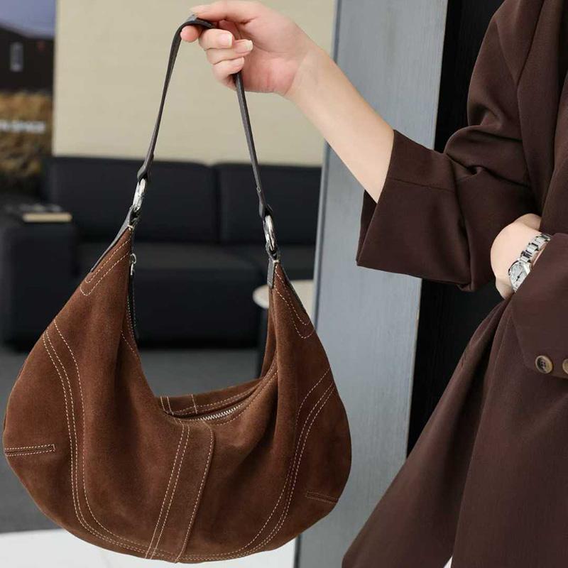 Luxury Women Suede Leather Hobo Shoulder Bag Vintage Half Moon Handbag Cross Body Daily Casual Underarm Purse Genuine Cowhide