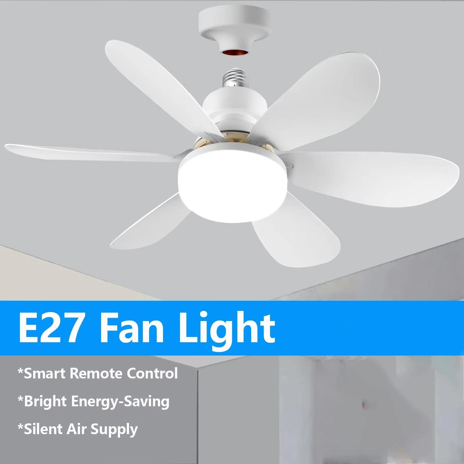 

40W Cordless E27 Screw In Ceiling Fan With Light Remote Control Dimmable LED 3-Speed For Garages Small Rooms White белый