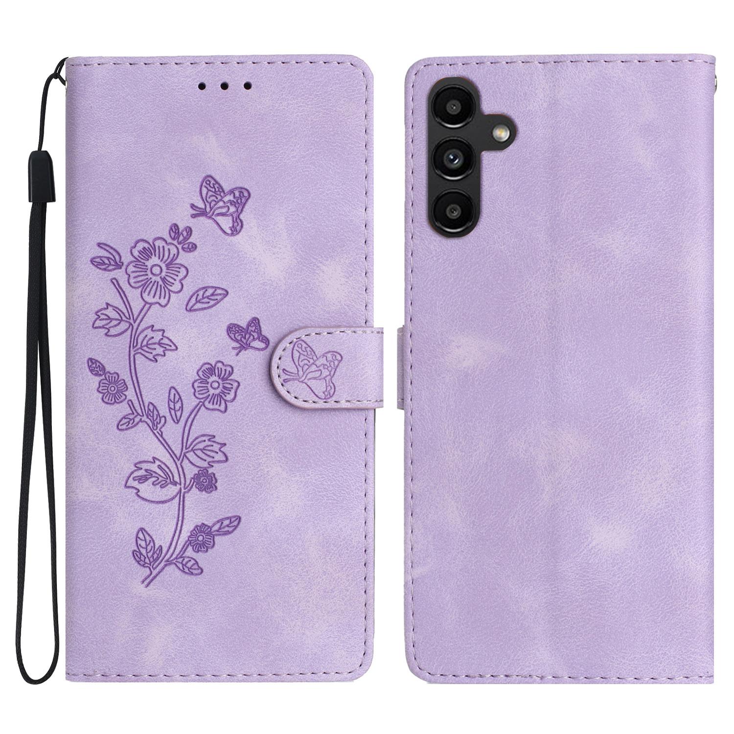 

For Samsung Galaxy A16 5G/A16 4G Case Leather Imprinted Flower Phone Cover Wallet with Wrist Strap Purple
