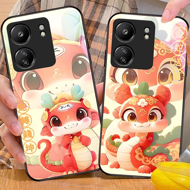 New Cartoon Snake For Xiaomi Redmi 13C Note13 12 Pro Plus 5G Note 9 13T Pro POCO X6 F5 F6 Black Tempered Glass Phone Case