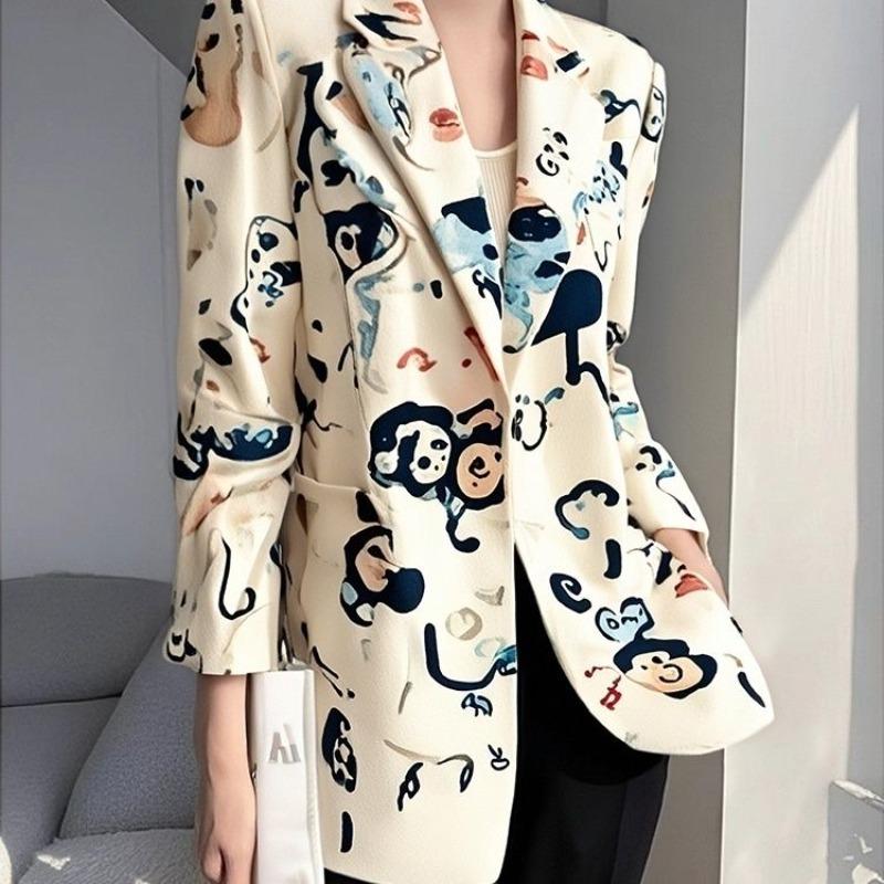 Beige Printed Fashion Blazer Spring Autumn New Stylish Casual Korean Style Coat