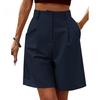 Summer Women Shorts Elastic High Waist Loose Side Pockets Straight Above Knee Length Soft Solid Color Breathable Daily Casual Business Office Shorts