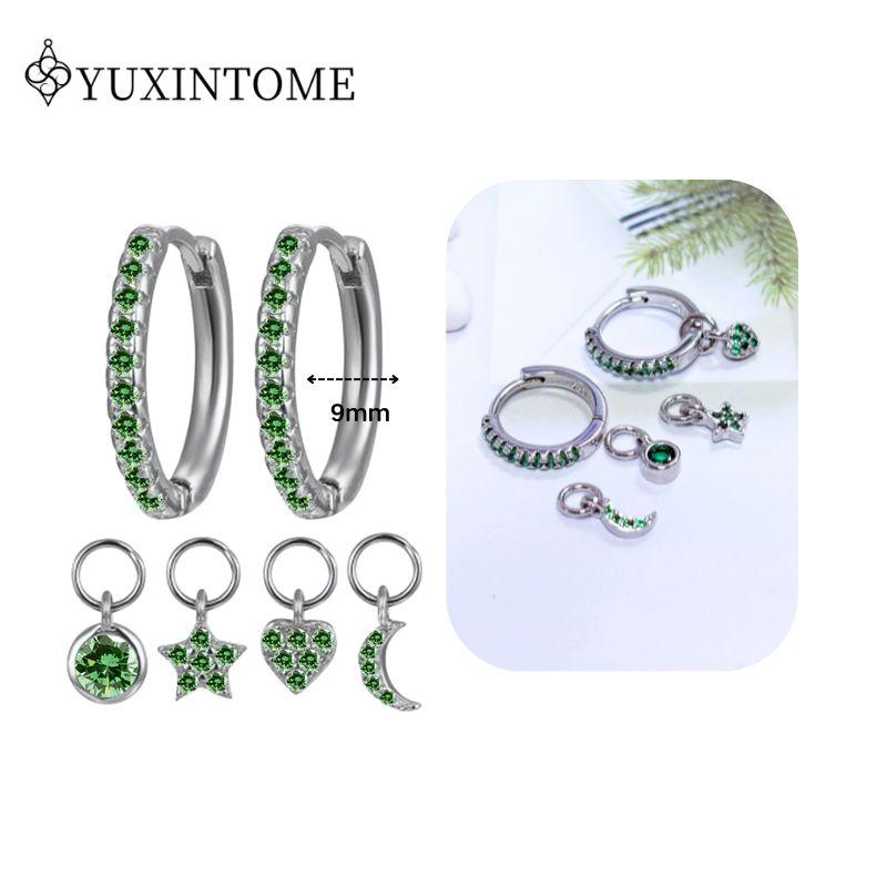 Turquoise 925 Silver Ear Needle Green Zircon vintage emerald Heart/Flower Pendant Hoop Earrings Fashion party Jewelry