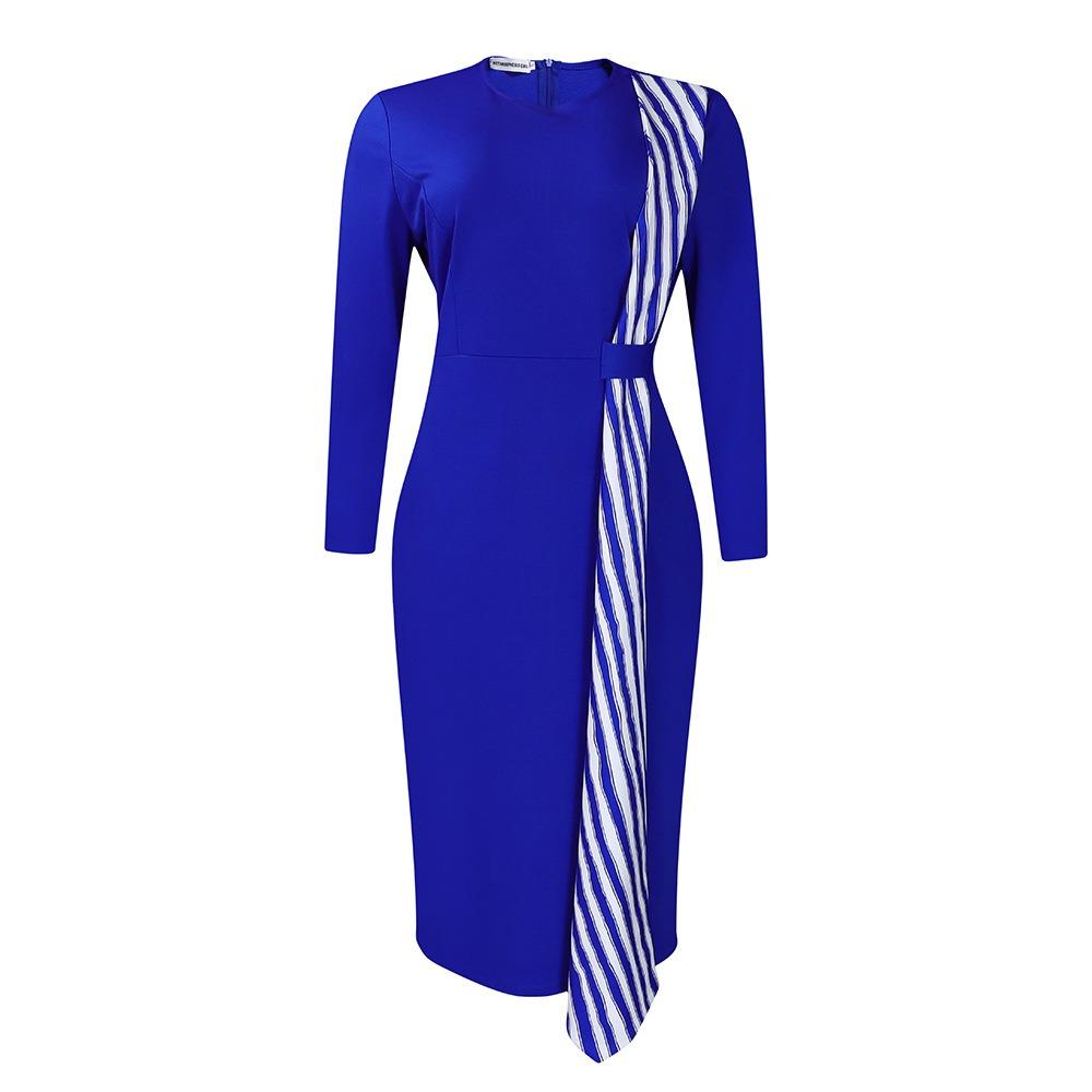 Women s Round Neck Long Sleeve Midi Pencil Dress Slim Fit High Waist Elegant Striped Patchwork Bodycon Dress S королевский синий