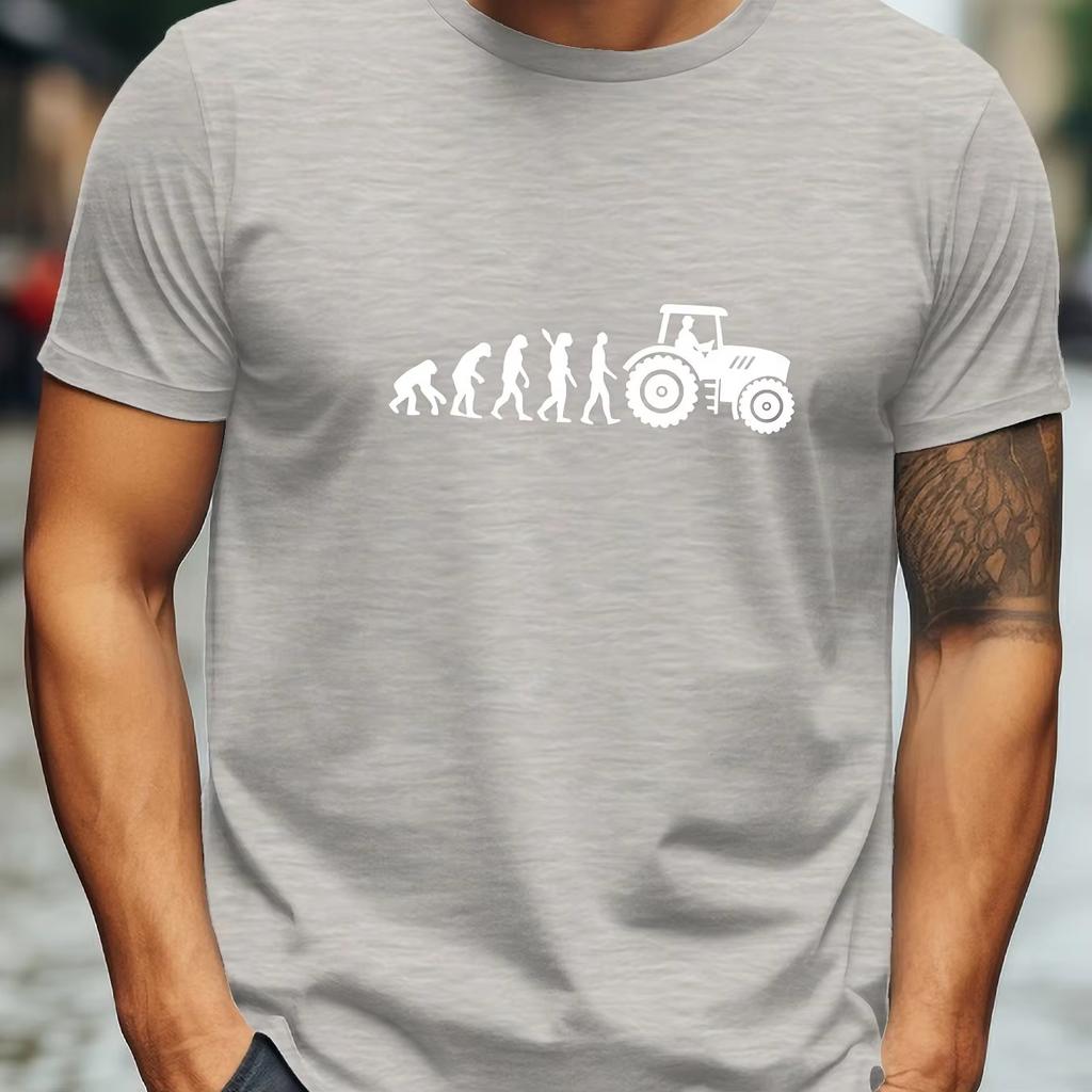 Men Humorous Tractor Evolution Contour Graphic Print Tshirt Casual Round Neck Short Sleeve Tshirt Comfortable Street Cotton