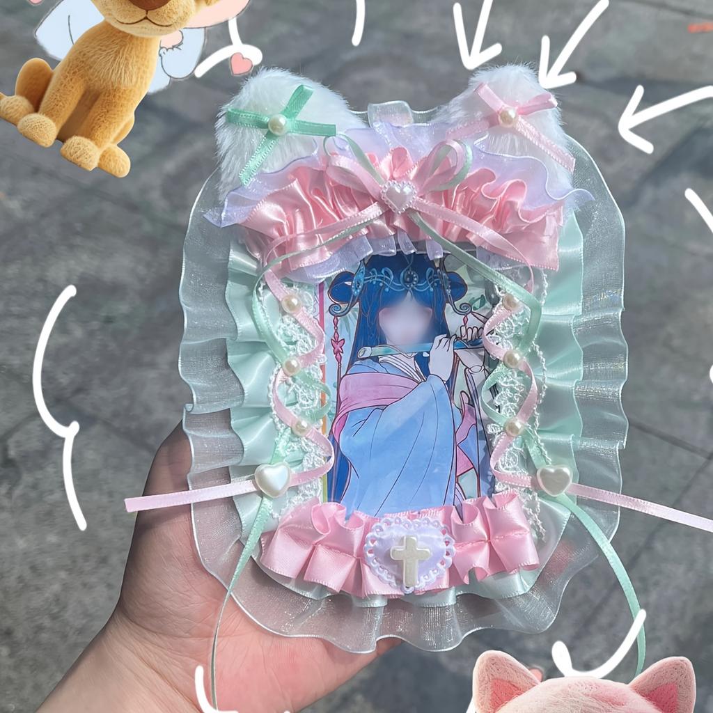 Photo Display Decor Handcrafted Plush Cat Ears & Pink Bow Lace Photo Card Holder - Charming Bag Pendant with Heart & Cross Accents Cat Lover Gifts