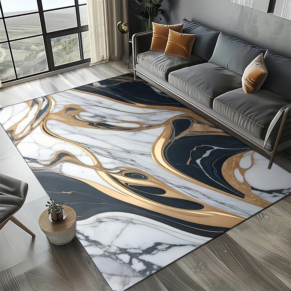 2025 New Style Fashion Marble Black White Gold Stone Carpet Rug for Living Room Bedroom Home Sofa Decoration,Non-slip Floor Mat