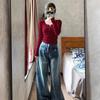 Maillard Button German Velvet Long-sleeved T-shirt for Women In Autumn Winter with Tight-fitting Inner Layering Shirt Red Top