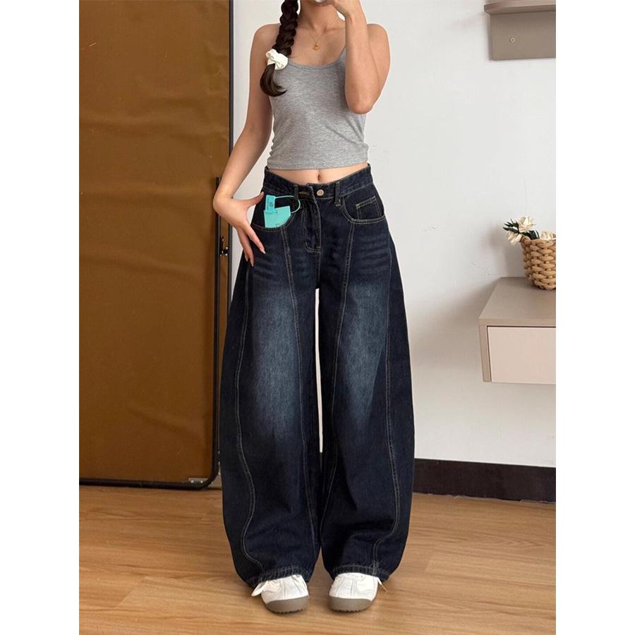 Women s High Waist Retro Embroidered Wide-Leg Jeans - Plus Size, Spring/Autumn 4XL