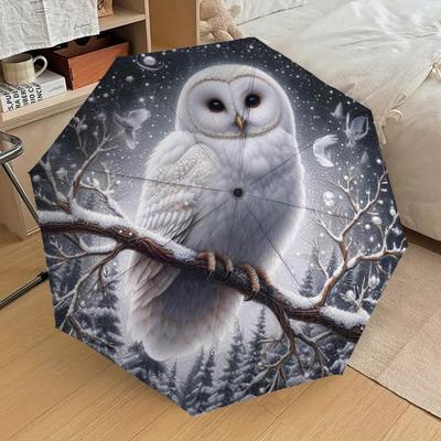 1 Stück Winter Eulenmuster Kleiner Reise-Kompakt-Winddichter Schirm, Automatischer Faltbarer Schirm, Automatisch Öffnend/Schließend, Geschenk-134