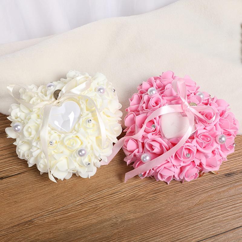 1 Stück Party DIY Dekorationen Herzform Simulation Rosenblüten Schmuckkästchen Ringbox Hochzeit Eheschmuck Ringkissen Kissen