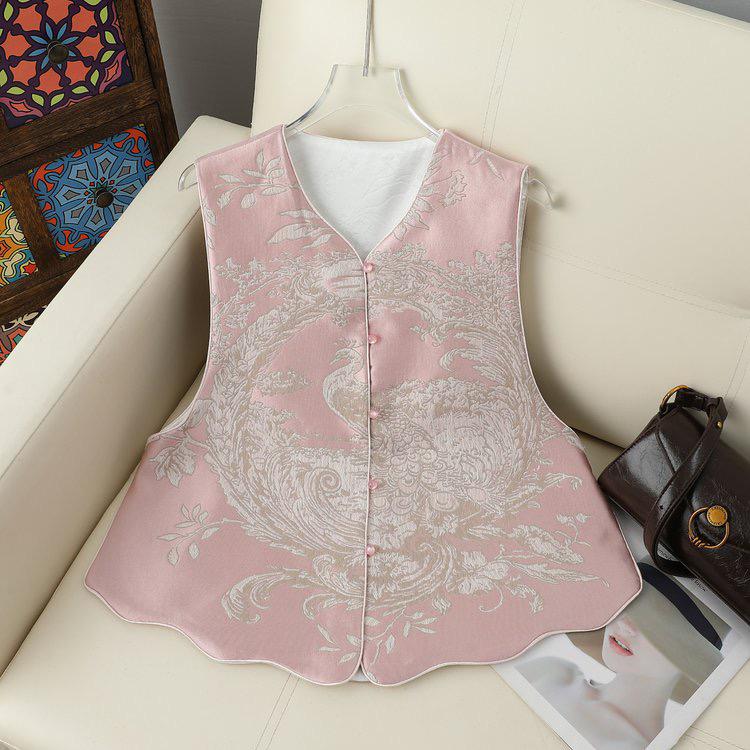 Gilet a Girocollo Rotondo Bicolore in Broccato Cinese Jacquard Ricamato con Fenice
