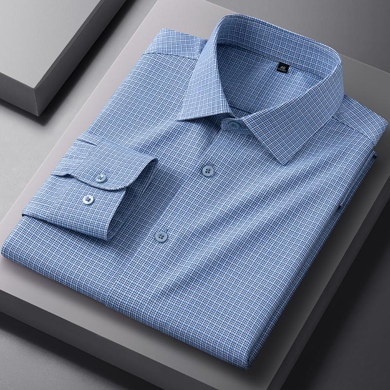 New in Shirt Luxury Houndstooth Long Sleeve Shirts for Men Slim Fit Casual Elastic Tops Soft Anti-Wrinkle Plaid Clothes