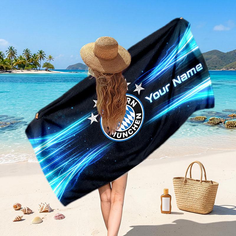 Bayern Munich Custom Beach Towel, Personalized Name Text Print, Football Logo Soft Quick‑Dry Towel Holiday Gift