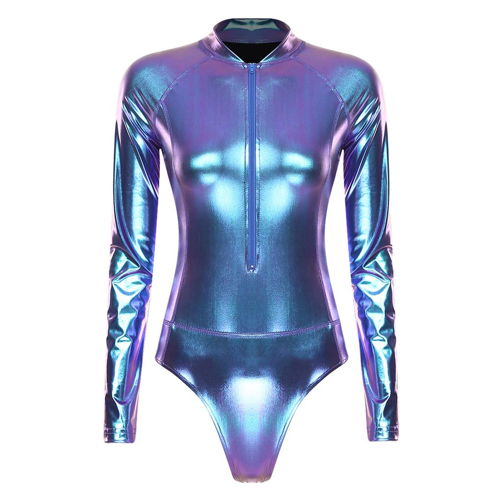 Leotardo Brillante de una Pieza para Mujer Manga Larga Cremallera Delantera Body Metálico Bañador de Gimnasia