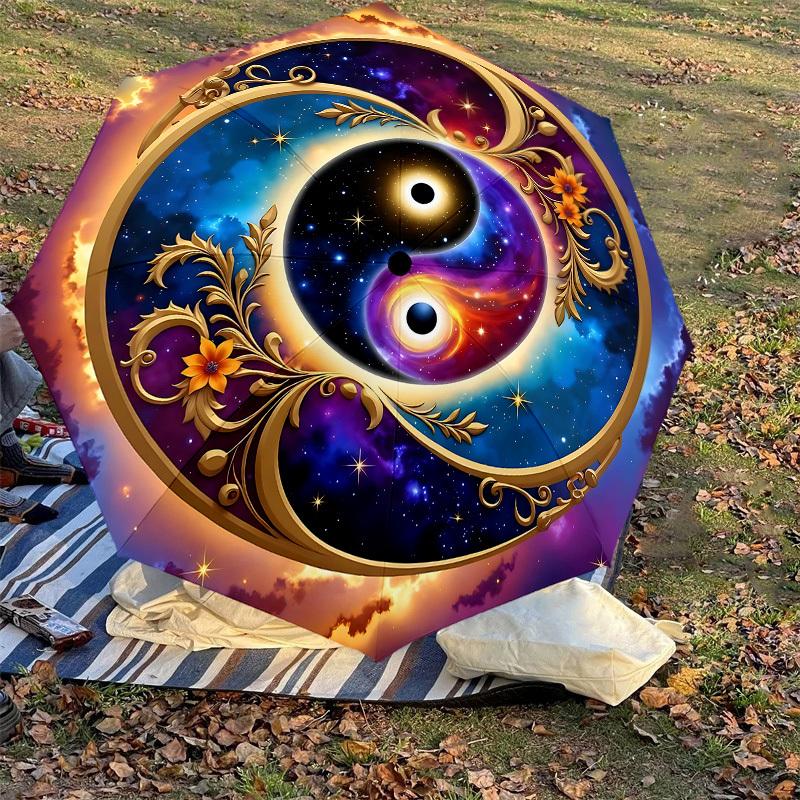 1PC Yin Yang Cosmic Automatic Open/Close Umbrella with Windproof, 8-Rib Sturdy Canopy, Durable Ribs, Fashionable Design, Outdoor Accessory, Fun Prin,