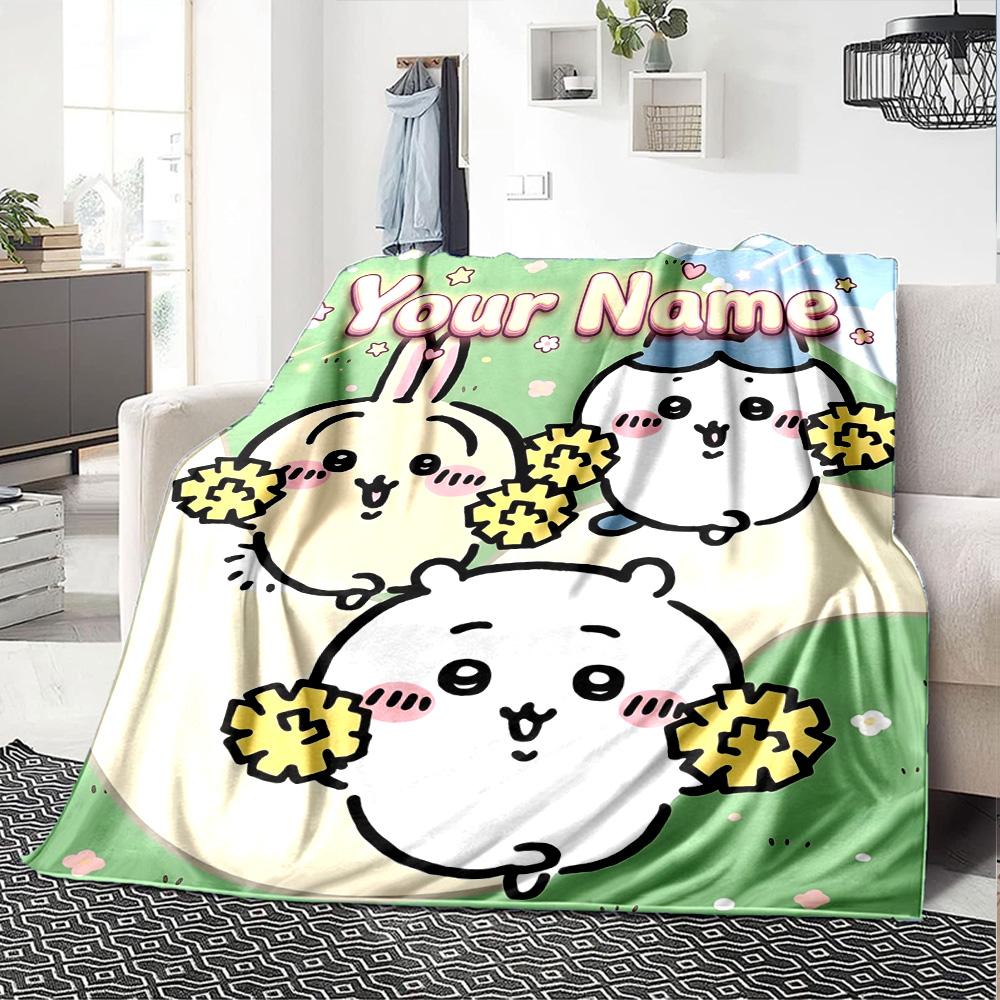 1pc Chiikawa Blanket with Custom Name, Gift, for Men and Women, Soft Blanket, Good for Sofa Bed Couch Travel, Lightweight Flannel Blanket