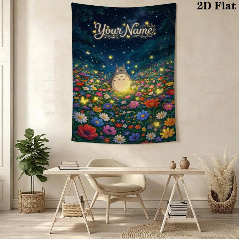 Name Custom Anime-Totoros Wall Tapestry Aesthetic Wall Hanging Printed Fabric Blanket Decorative Tapestries for Bedroom Living Room Home Decor