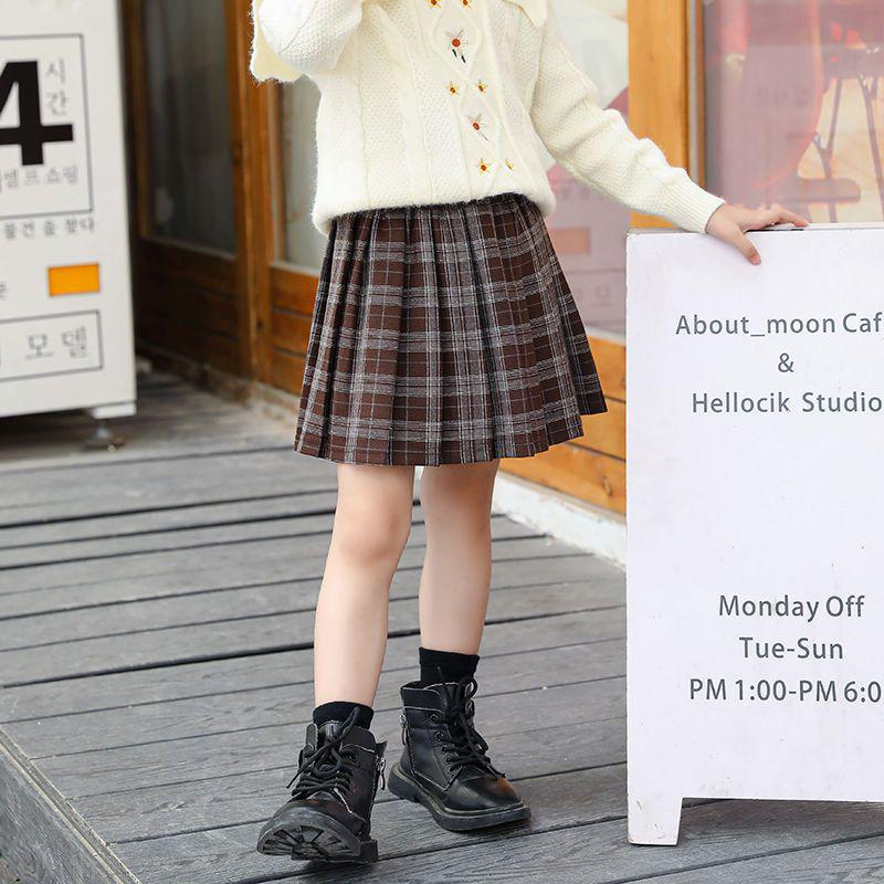 Gonna a pieghe scozzese in stile coreano da bambina per autunno/inverno